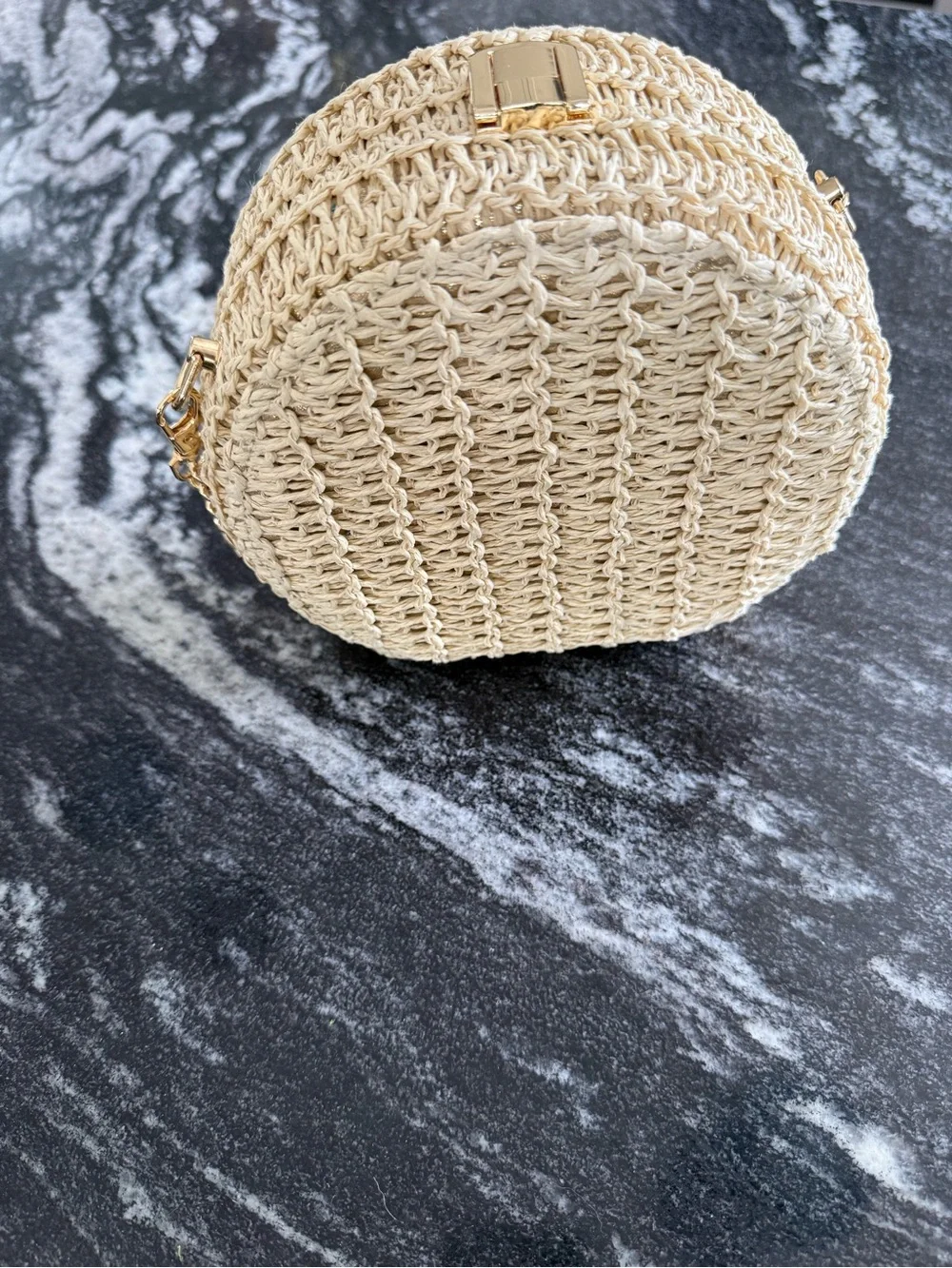 HAUTE HIPPIE Woven Round Crossbody Bag in Natural with Gold Chain & Gold Shimmer - Picture 9 of 14